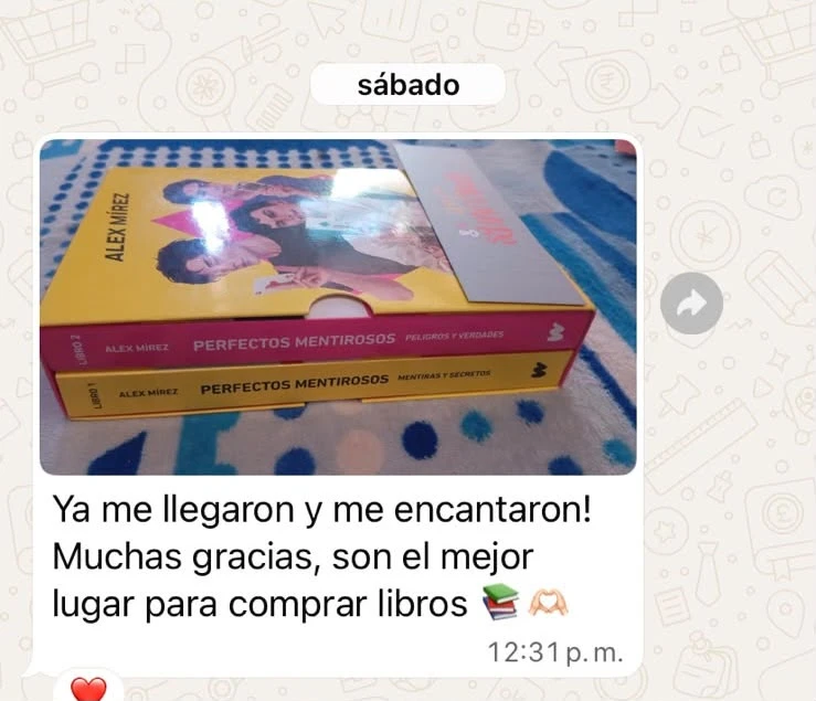 Mensaje de un cliente: Ya me llegaron y me encantaron. Muchas gracias, son el mejor lugar para comprar libros